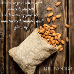 Close-up of Dr. Woods almond oil Castile soap bottle with nourishing ingredients