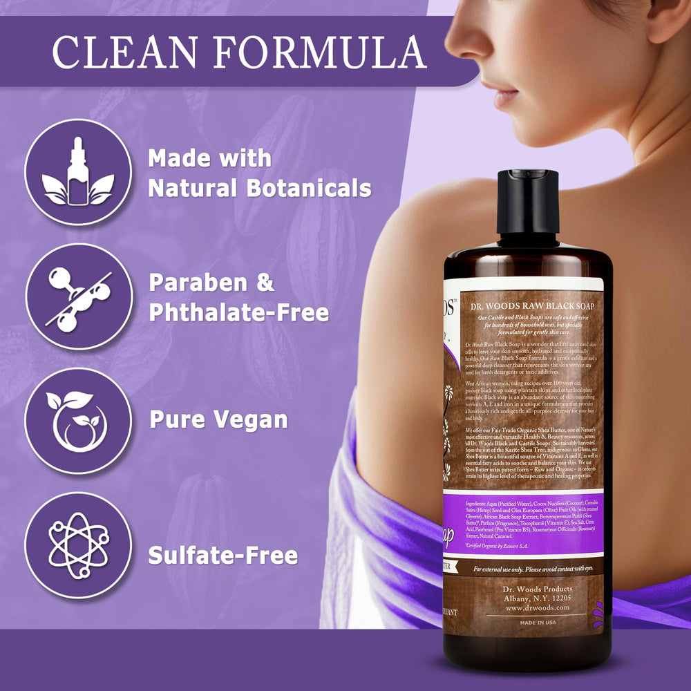 Dr. Woods ingredients highlight natural botanicals and vitamins A, E.