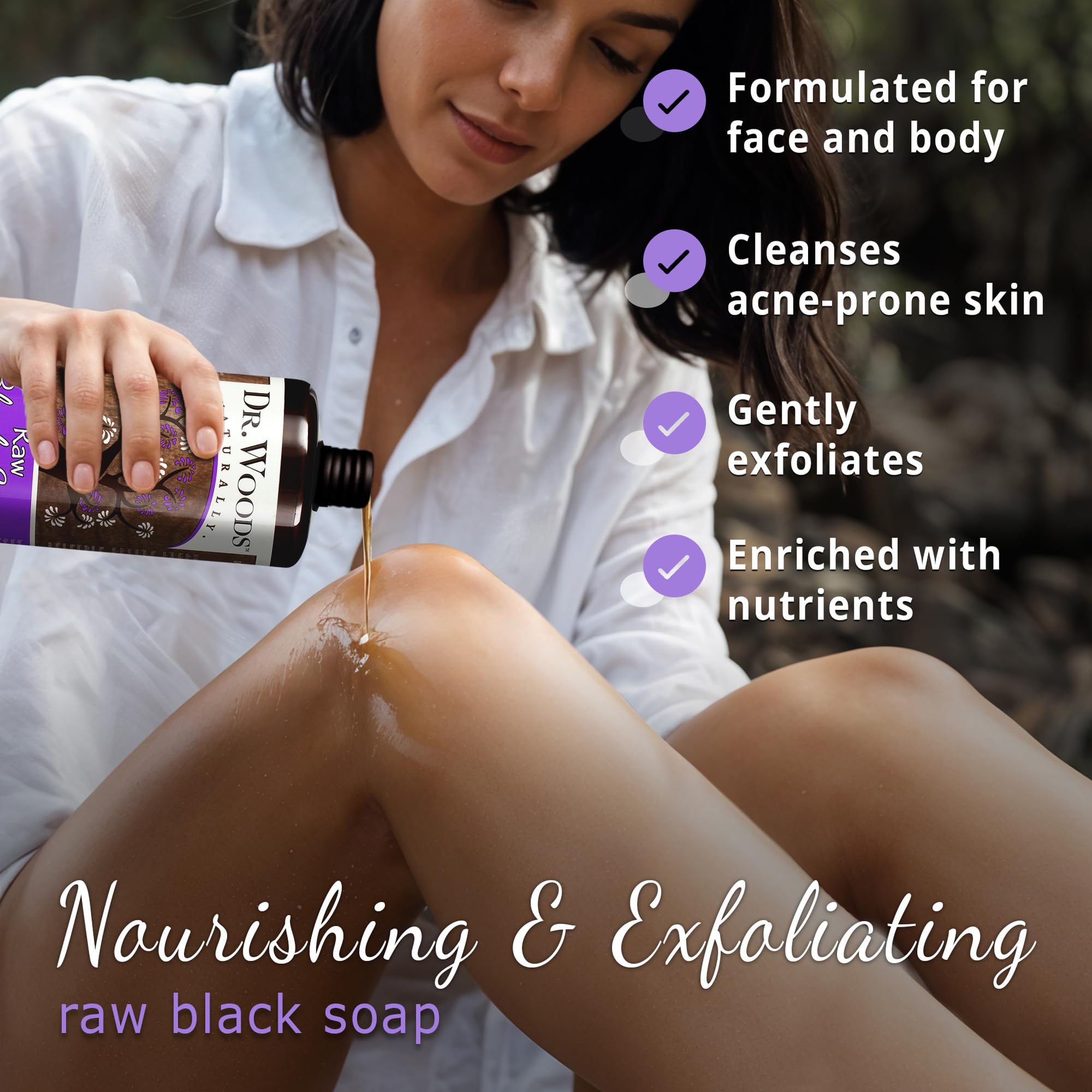 Dr. Woods Black Soap lather showing creamy cleanser for face, body, and hands.