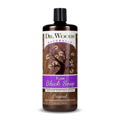 Dr. Woods raw liquid black soap bottle pour for deep cleansing and hydrating skin