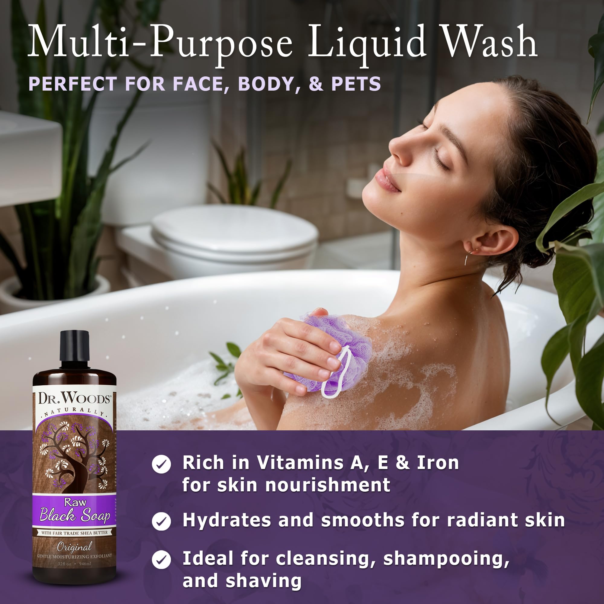 Dr. Woods black soap with organic shea butter texture shown for gentle exfoliation