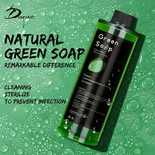 Dragon Art green soap 8oz squeeze bottle shown for mess-free application during tattoo prep