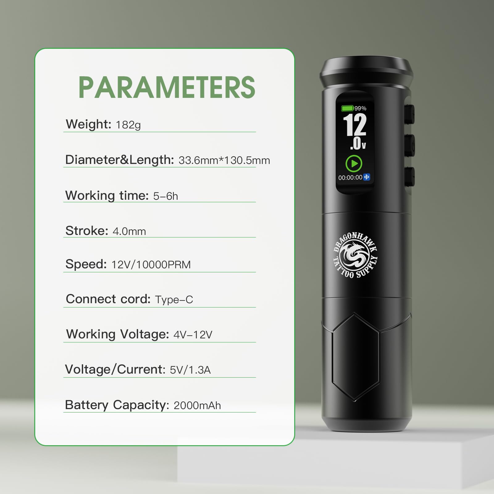 Dragonhawk A1 Pro cordless tattoo pen side view showing compact, portable design for travel practice.