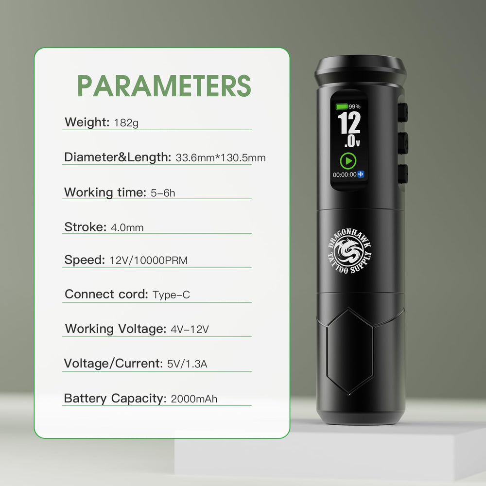 Dragonhawk A1 Pro cordless tattoo pen side view showing compact, portable design for travel practice.
