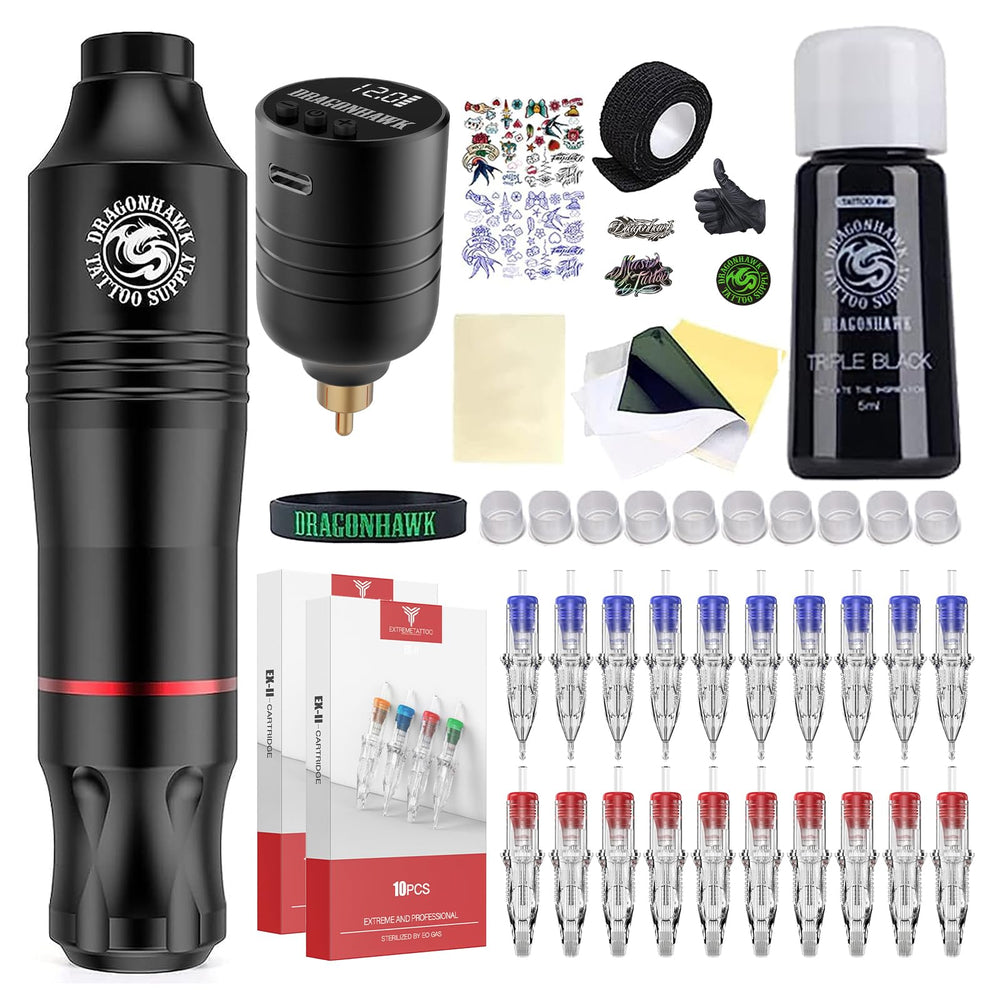 Dragonhawk Atom wireless tattoo pen for precise lining and shading.