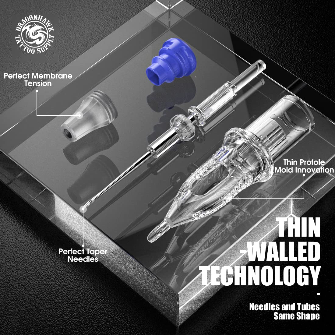 Dragonhawk transparent cartridges allow easy ink monitoring during sessions.