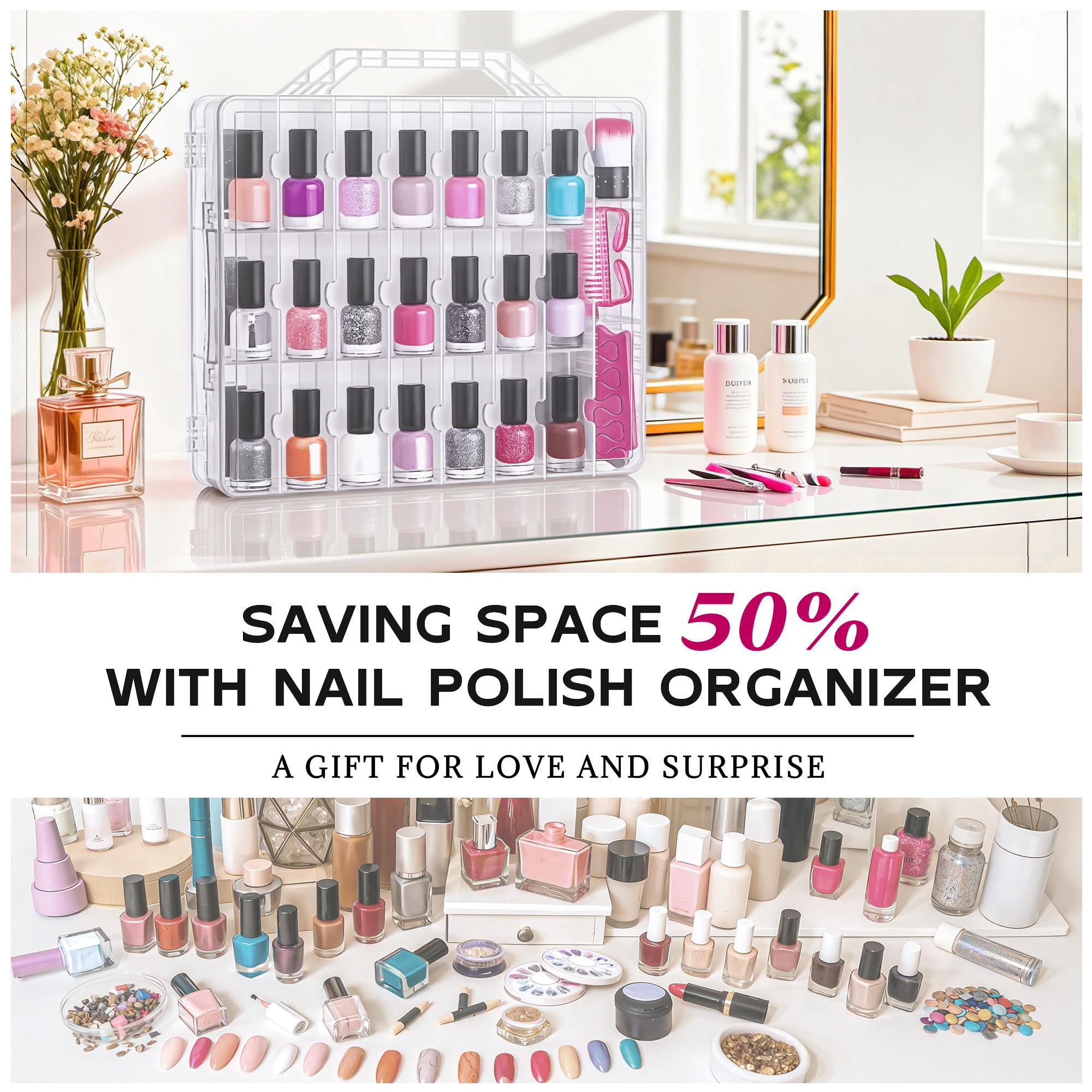 DreamGenius nail polish organizer case side view emphasizes compact footprint for dresser tops