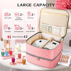 DreamGenius nail polish organizer case upper layer with adjustable dividers enables custom fitting for lamps and bottles.