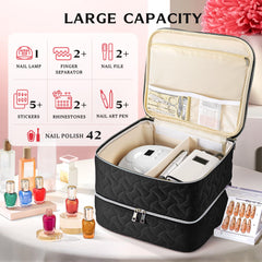 DreamGenius nail polish organizer upper-layer open reveals adjustable dividers for different lamp sizes.