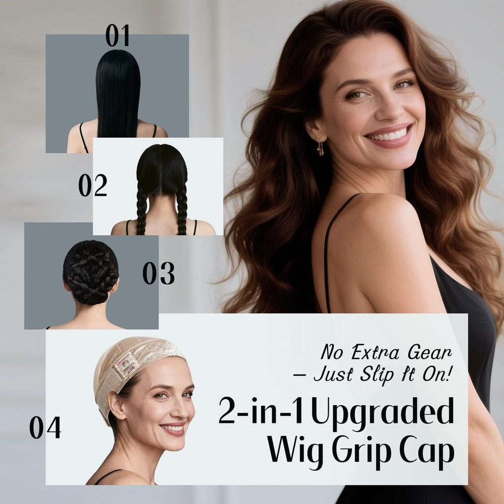 Dreamlover 2-in-1 design image illustrates quick tidy wig setup without separate cap and grip.