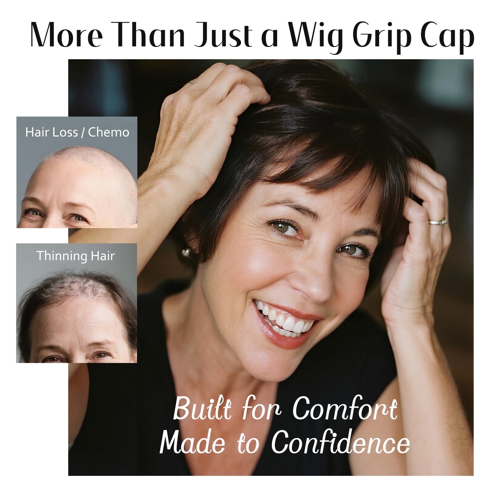 Dreamlover nude wig cap on head emphasizes comfortable breathable base ideal for sensitive scalps.
