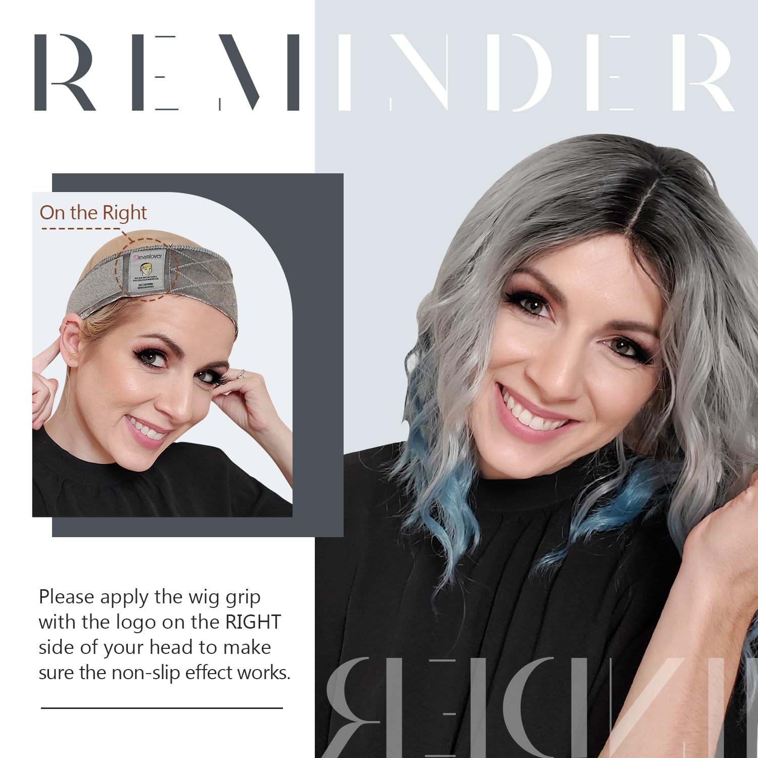 Dreamlover wig grip band logo outward demonstrates secure placement and reduced slippage.