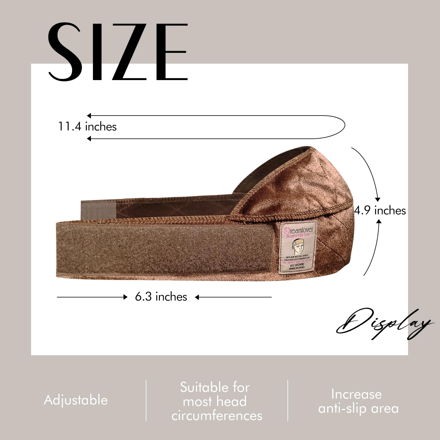 Dreamlover wig grip band right-side logo tip indicates correct wear to prevent slippage.
