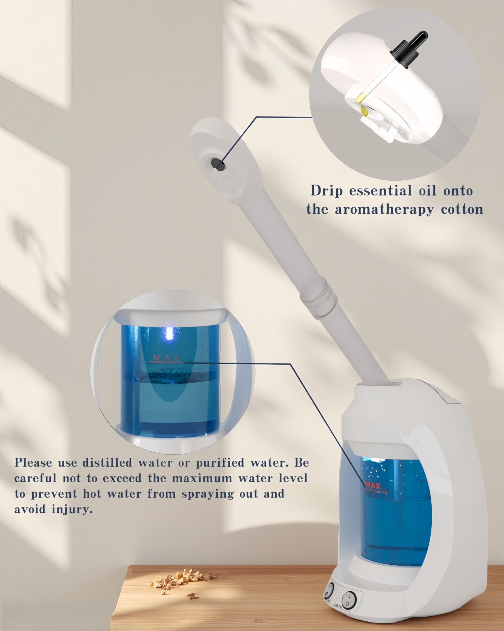 Dress Vous facial steamer side view shows ergonomic height for versatile placement