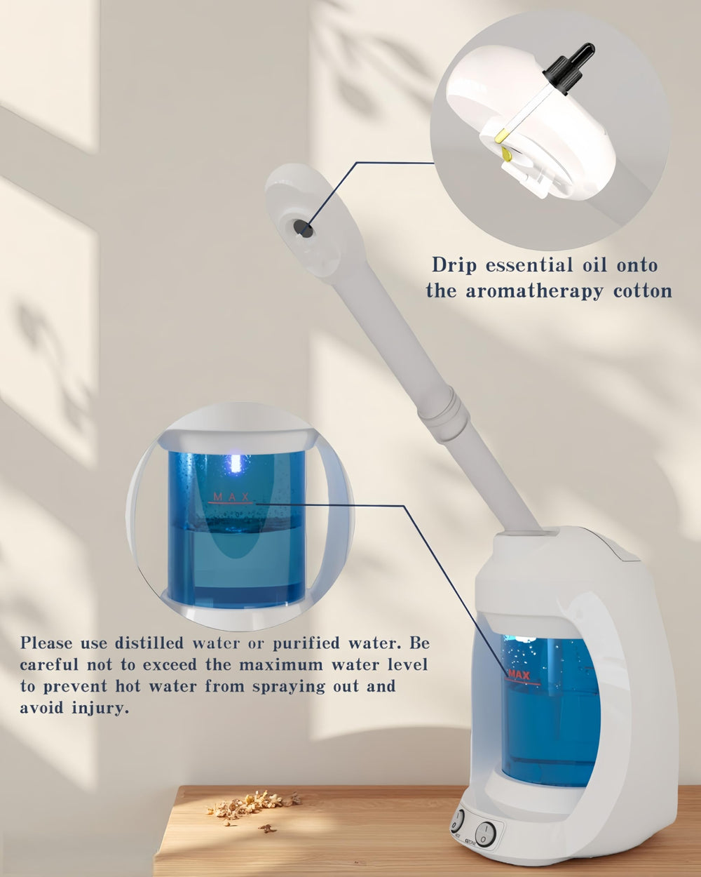 Dress Vous facial steamer side view shows ergonomic height for versatile placement