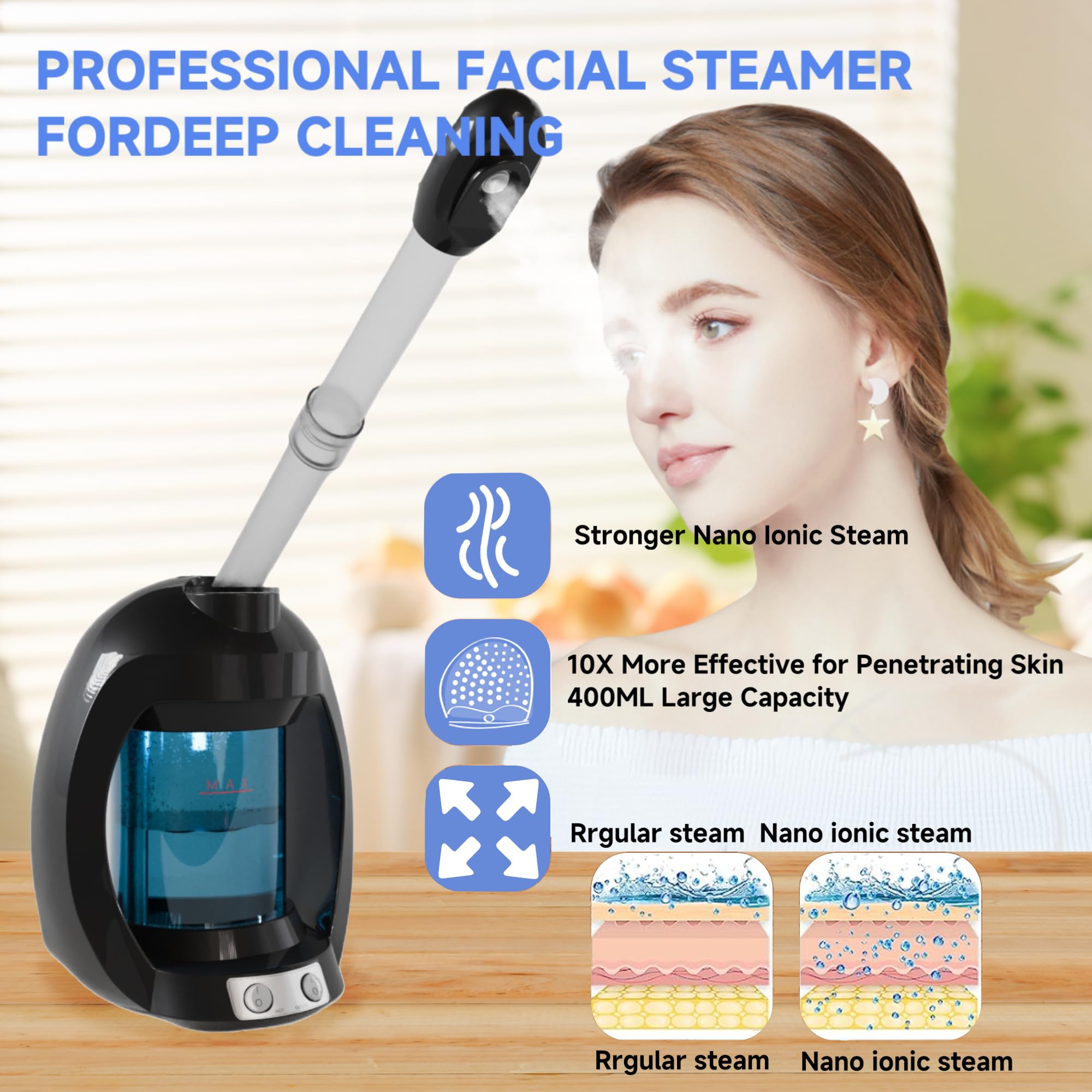Dress Vous facial steamer nano ionic ozone light demonstrates hygienic deep-cleaning through gentle sanitizing light