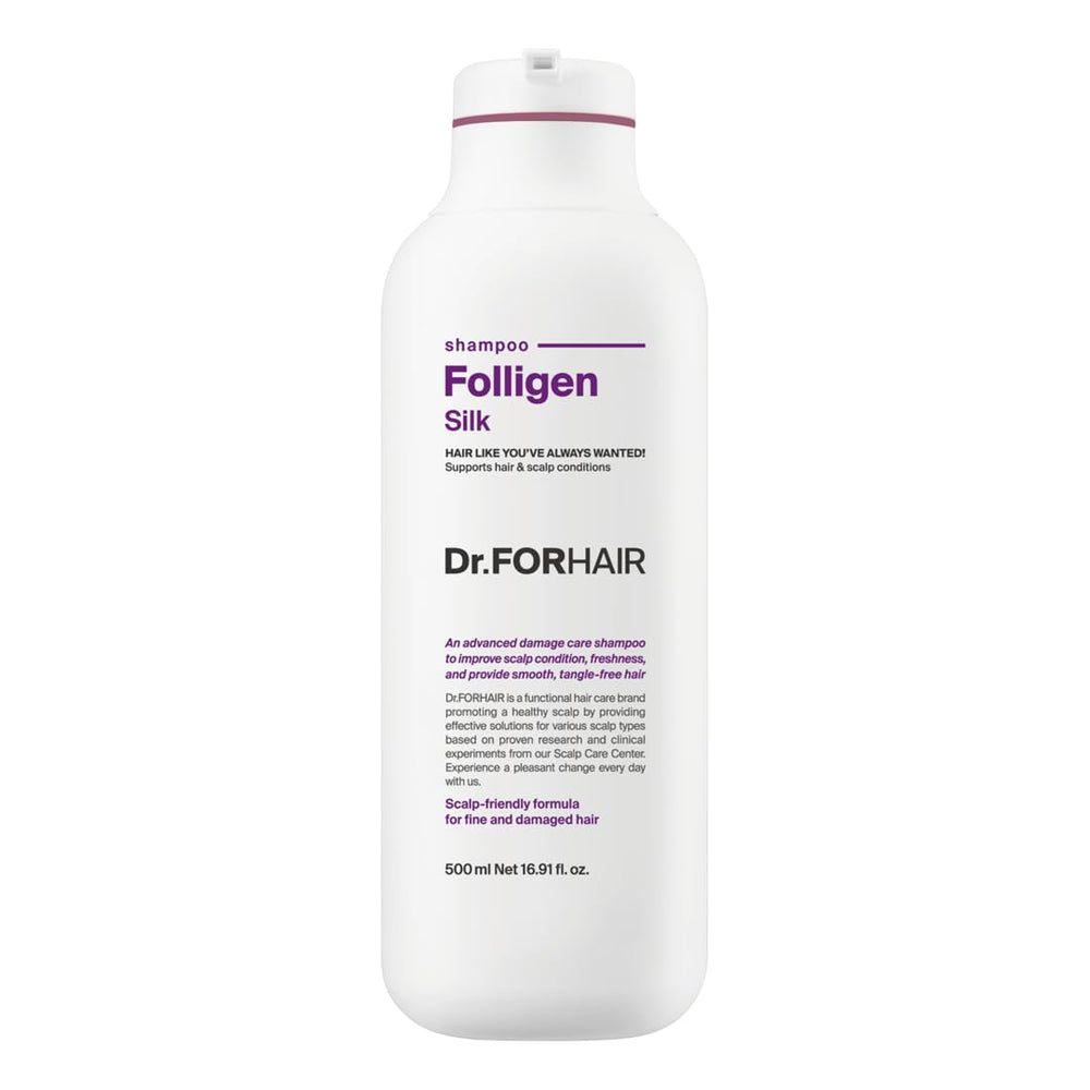 DR.FORHAIR Folligen Silk Shampoo volume bottle boosts hair fullness on application.