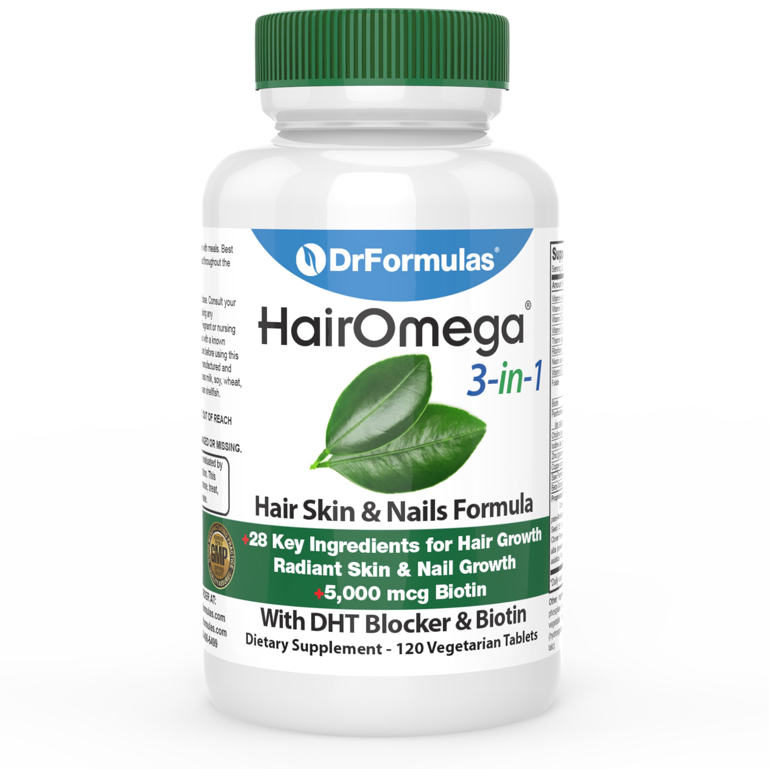 DrFormulas HairOmega bottle closed—vegan tablets designed to support hair growth and nail health.