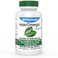 DrFormulas HairOmega bottle closed—vegan tablets designed to support hair growth and nail health.
