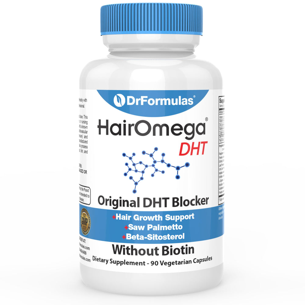 DrFormulas HairOmega Original DHT Blocker bottle for daily hair health support.