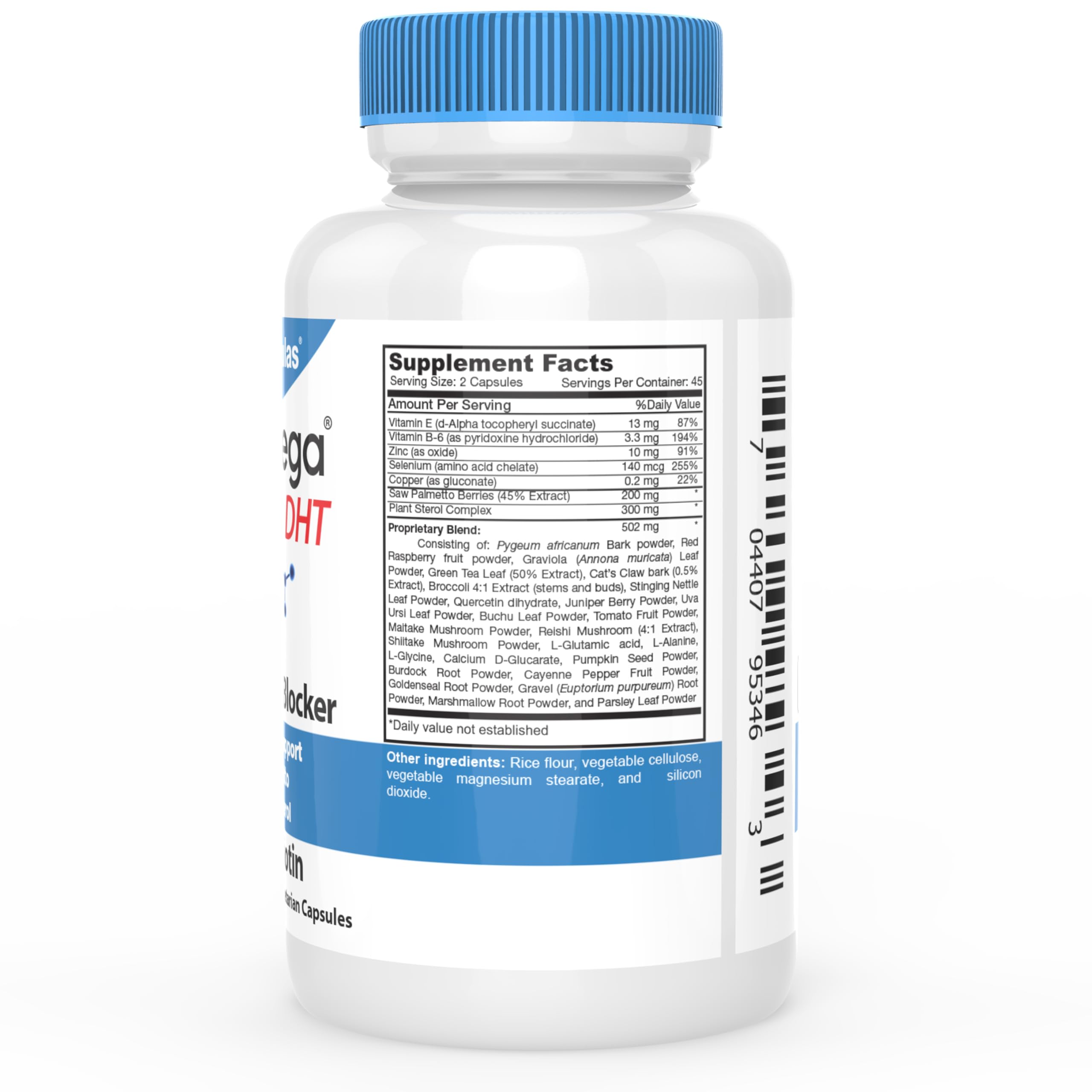 DrFormulas HairOmega Original DHT Blocker ingredients label highlights saw palmetto and botanicals.