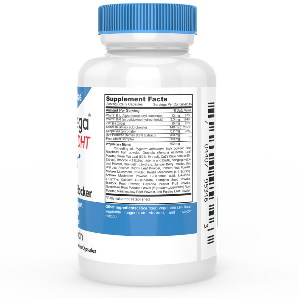 DrFormulas HairOmega Original DHT Blocker ingredients label highlights saw palmetto and botanicals.