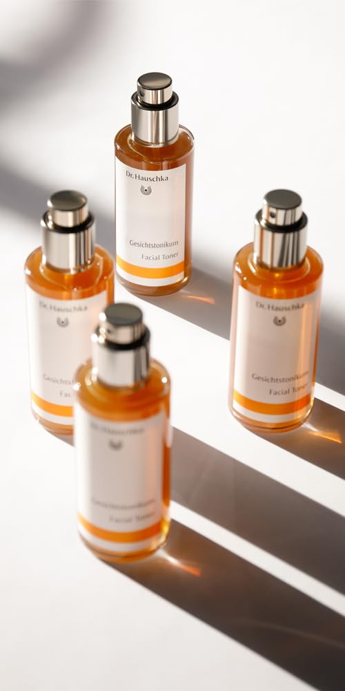 Dr Hauschka Facial Toner mist on face demonstrates balanced moisture and clarity.
