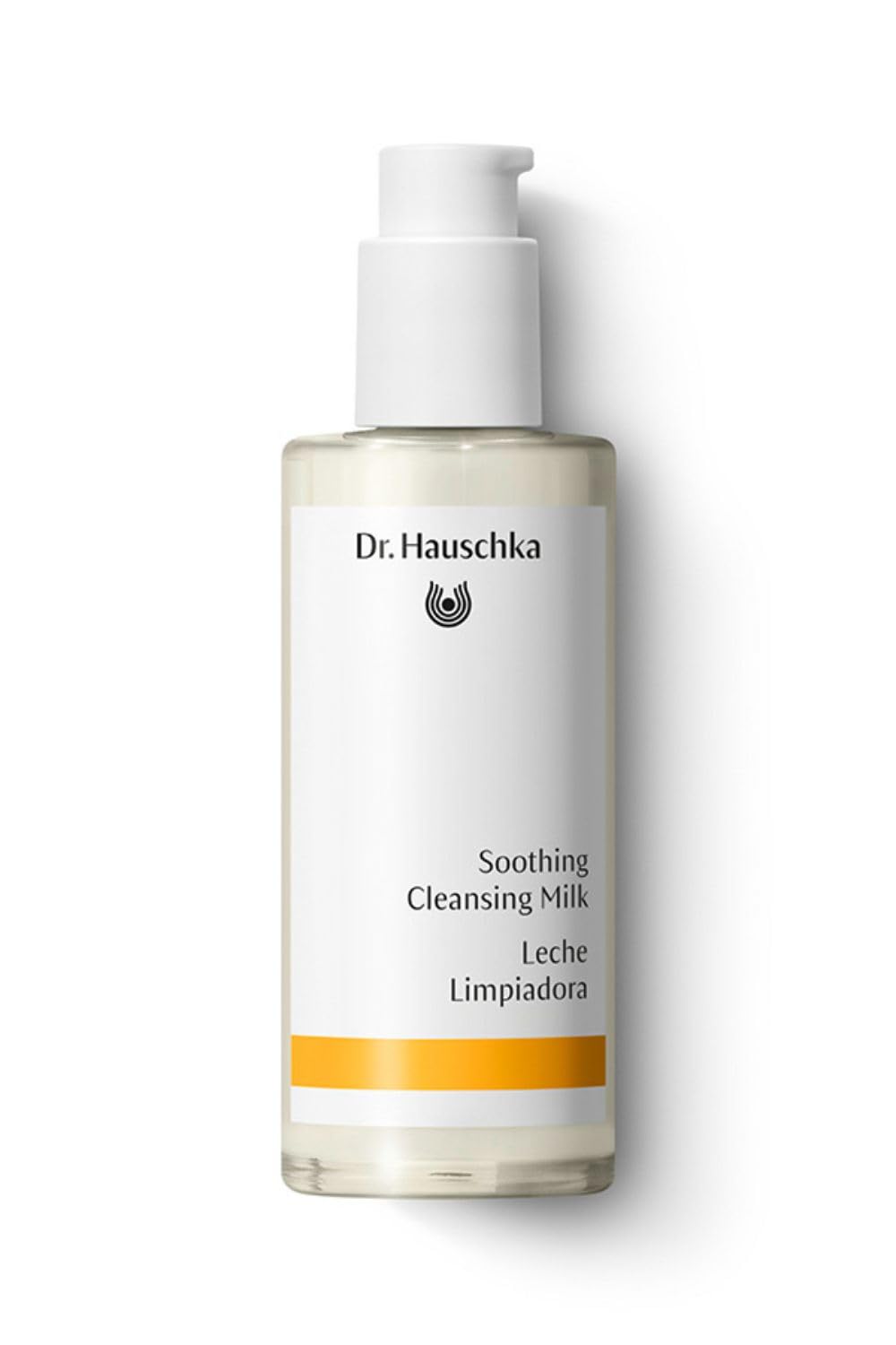 Dr. Hauschka soothing cleansing milk bottle on sink for gentle daily cleansing.