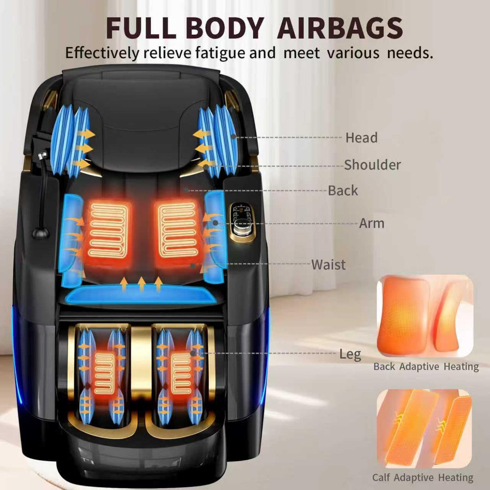 Drhiumi massage chair extendable-stretching demonstrates motorized spine and leg lengthening.