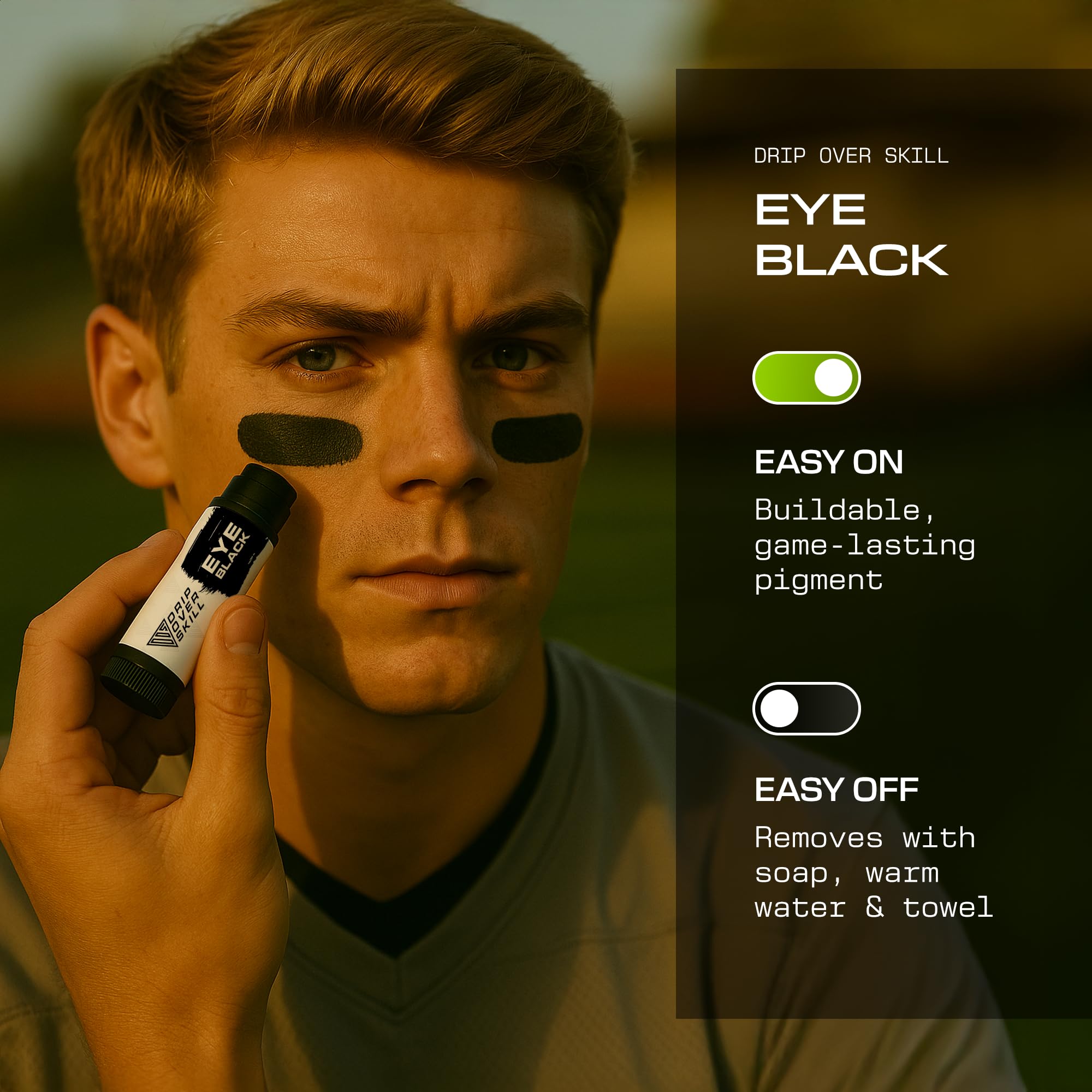 Drip Over Skill eye black being applied on the face to reduce glare.