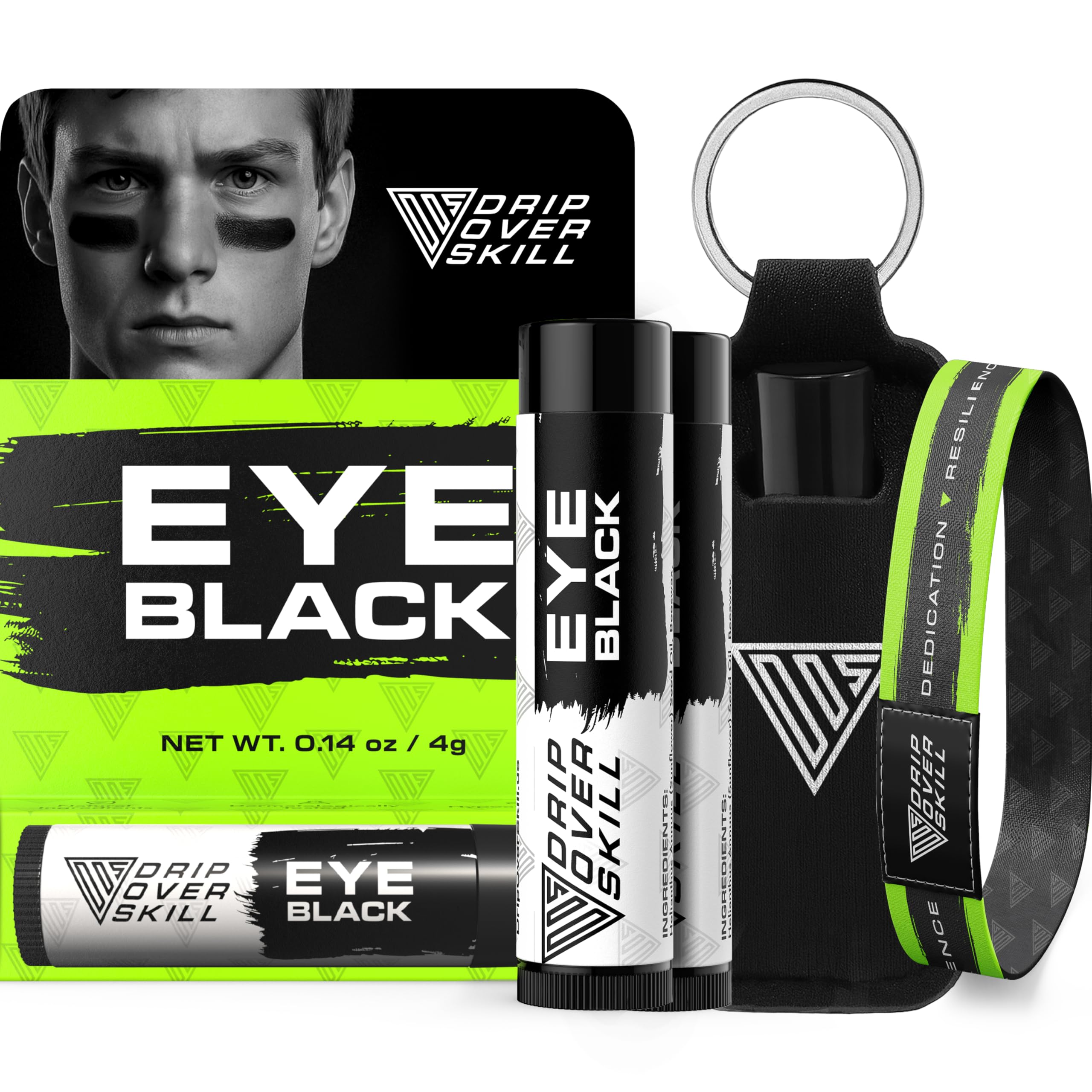 Drip Over Skill eye black pack setup with two tubes and clip for game day.