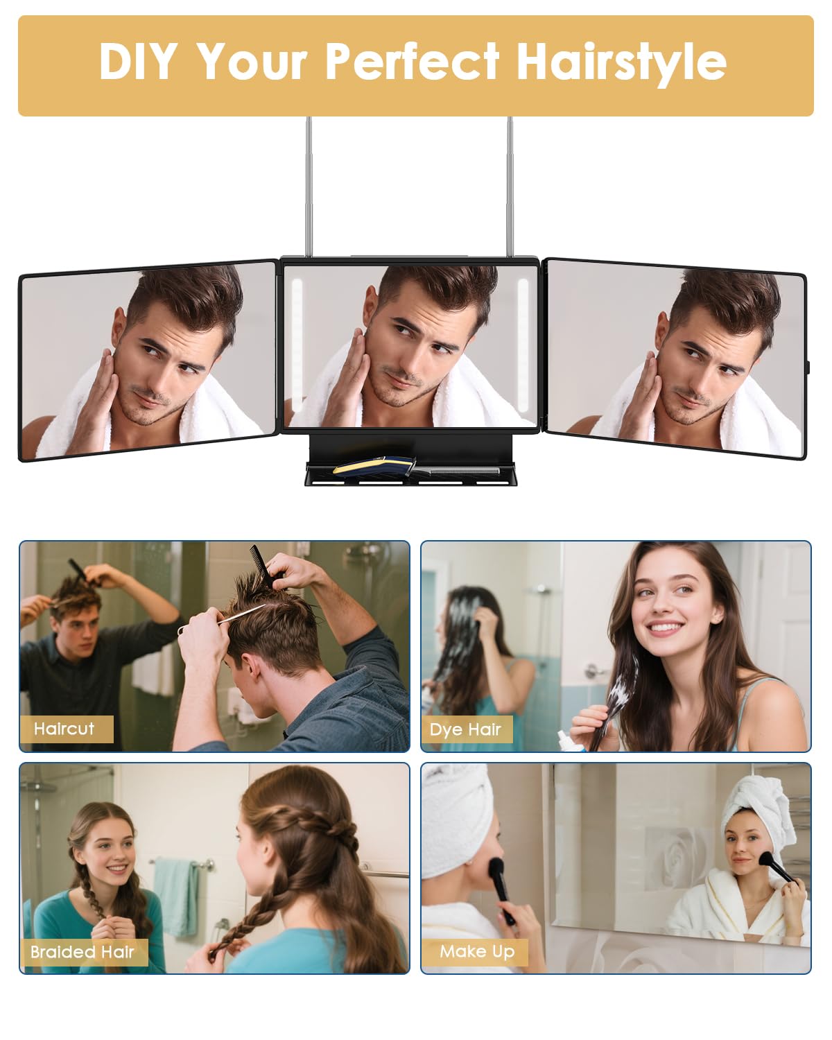 Dripex mirror supports makeup, shaving, braiding, and dyeing for versatile home grooming.