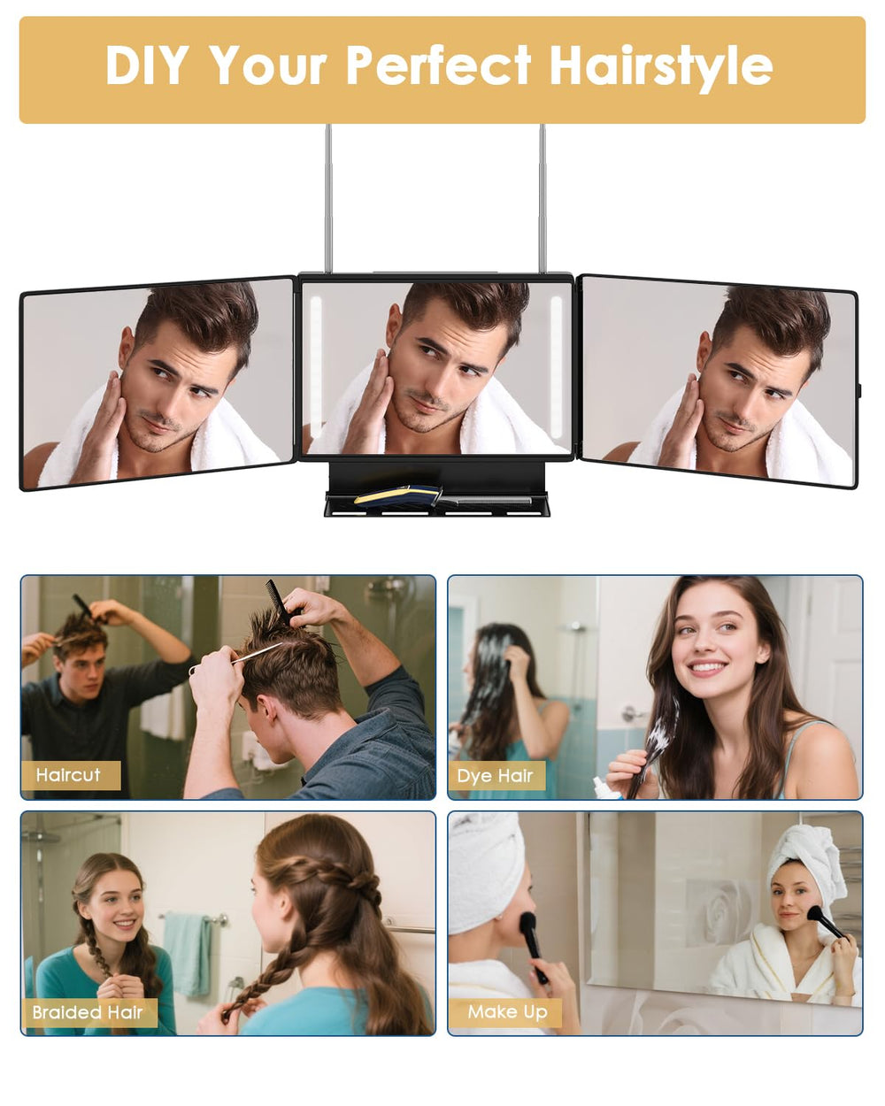 Dripex mirror supports makeup, shaving, braiding, and dyeing for versatile home grooming.