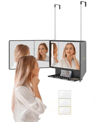 Dripex 3 Way Mirror with storage shelf keeps grooming tools within reach for organized DIY haircuts.