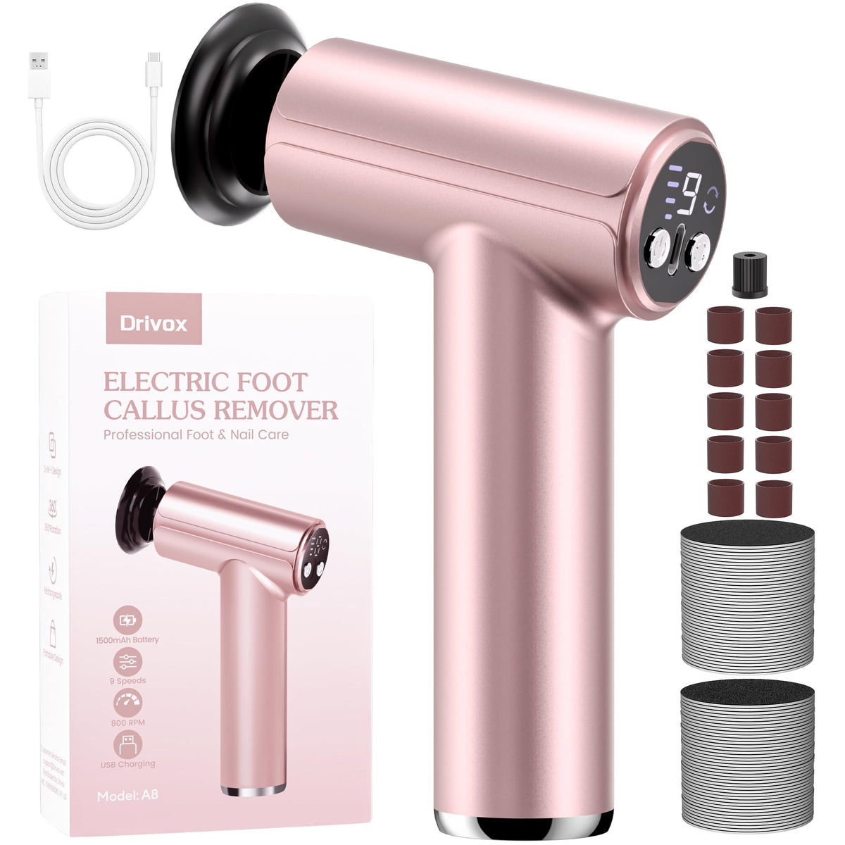 Drivox electric foot callus remover in pink front view for smoother feet