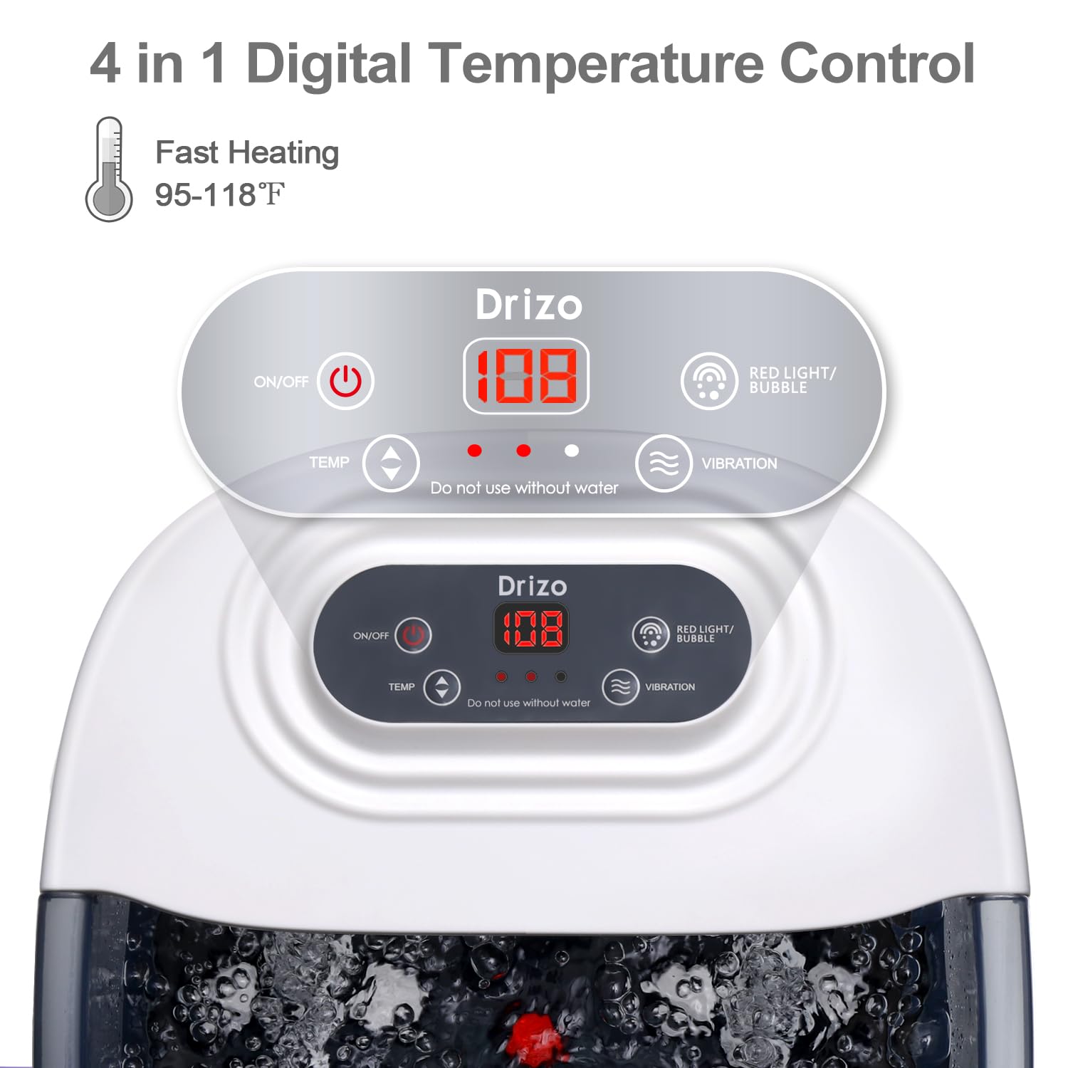 Drizo foot spa infrared light highlighting soothing warmth during soak