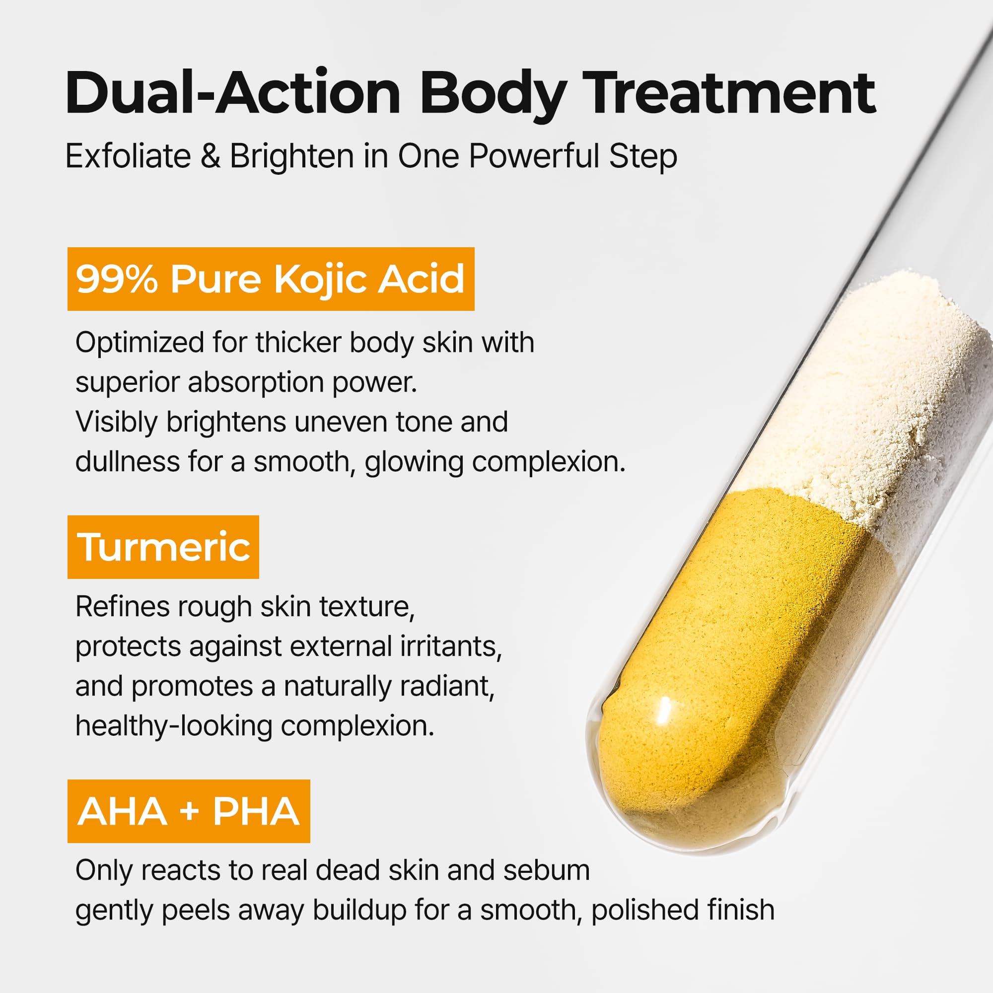 Dr.Melaxin Body Keratin Care ingredients graphic shows kojic and turmeric synergy.