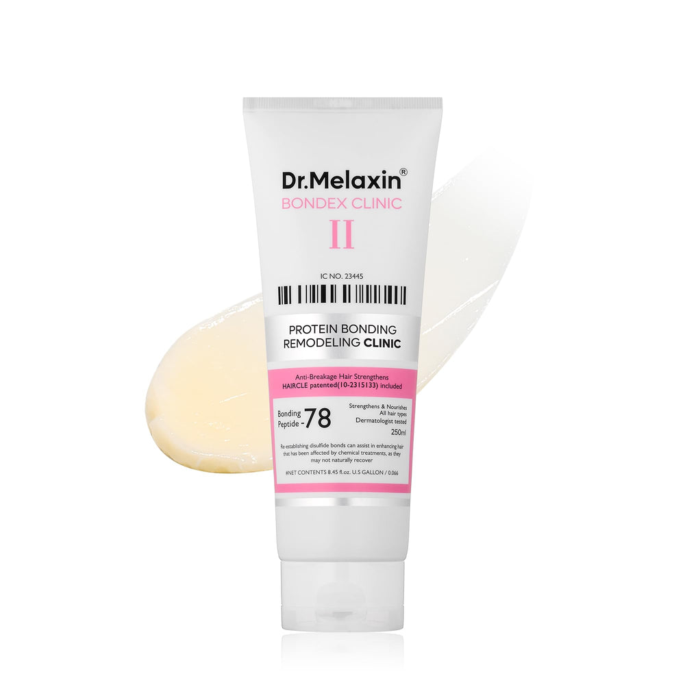 Dr.Melaxin Bondex bottle closeup highlights bond repair for silky hair.