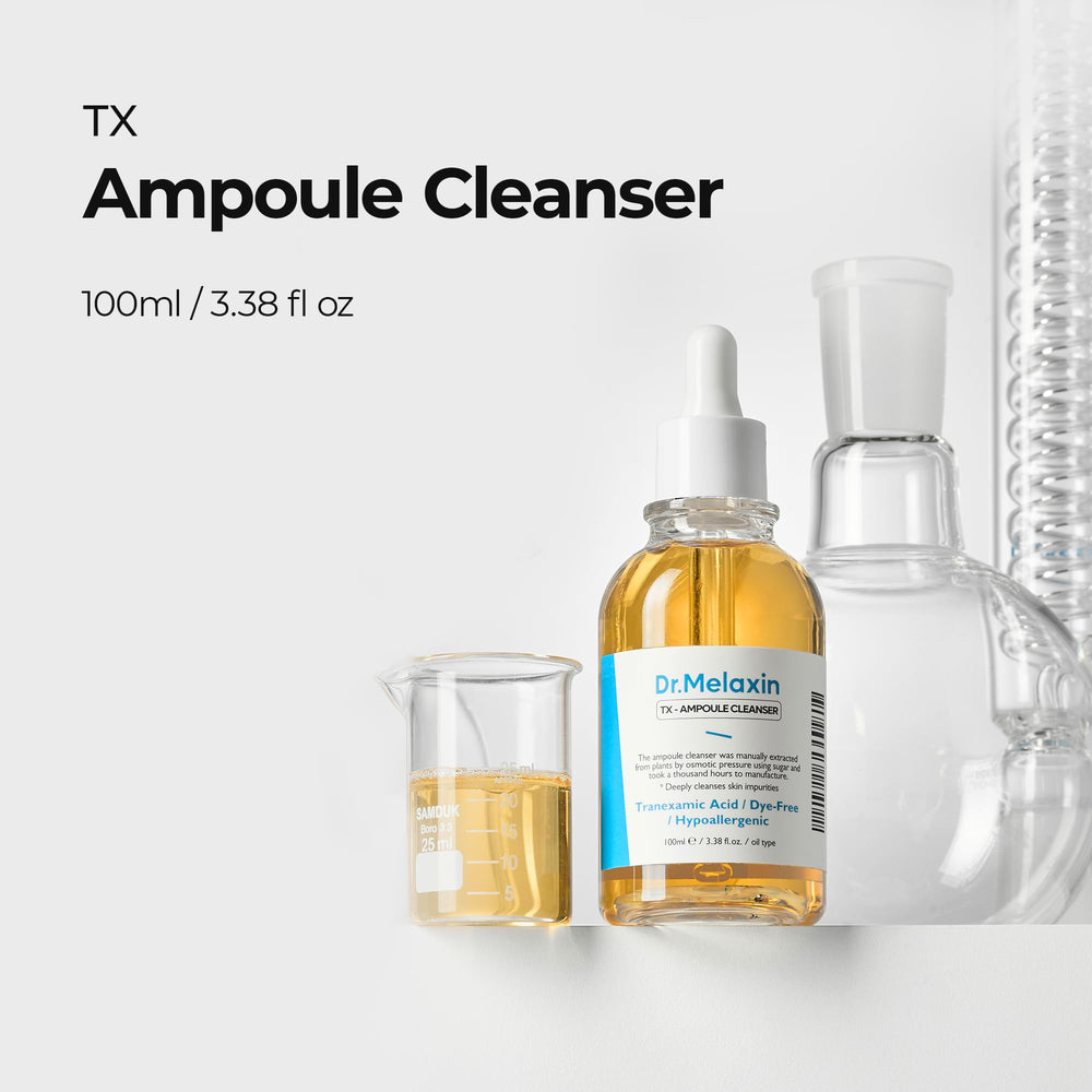 Dr.Melaxin TX Ampoule Cleanser close-up shows oil-to-foam texture dissolving impurities for clean skin.