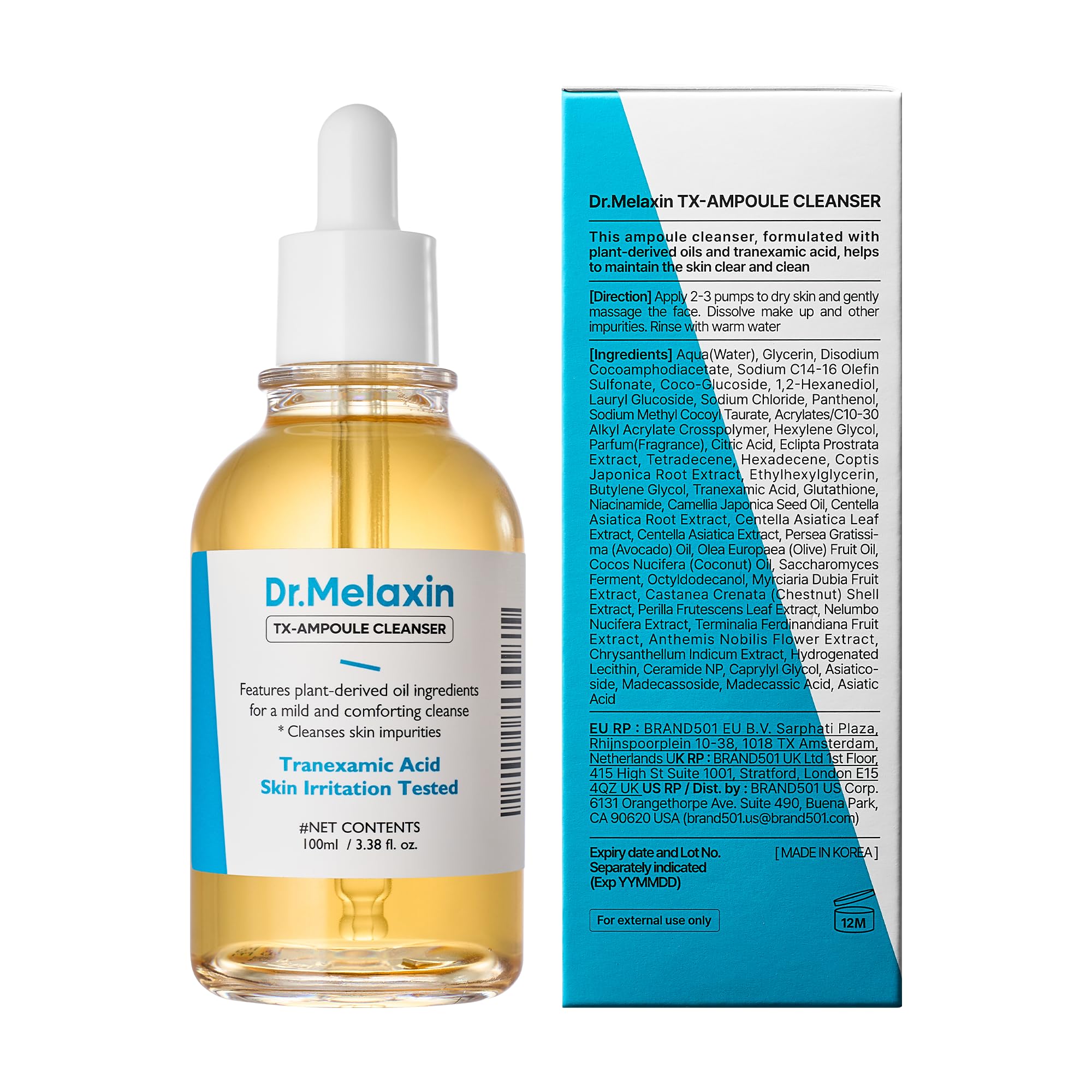 Dr.Melaxin TX Ampoule Cleanser packaging shown for travel-friendly skincare.