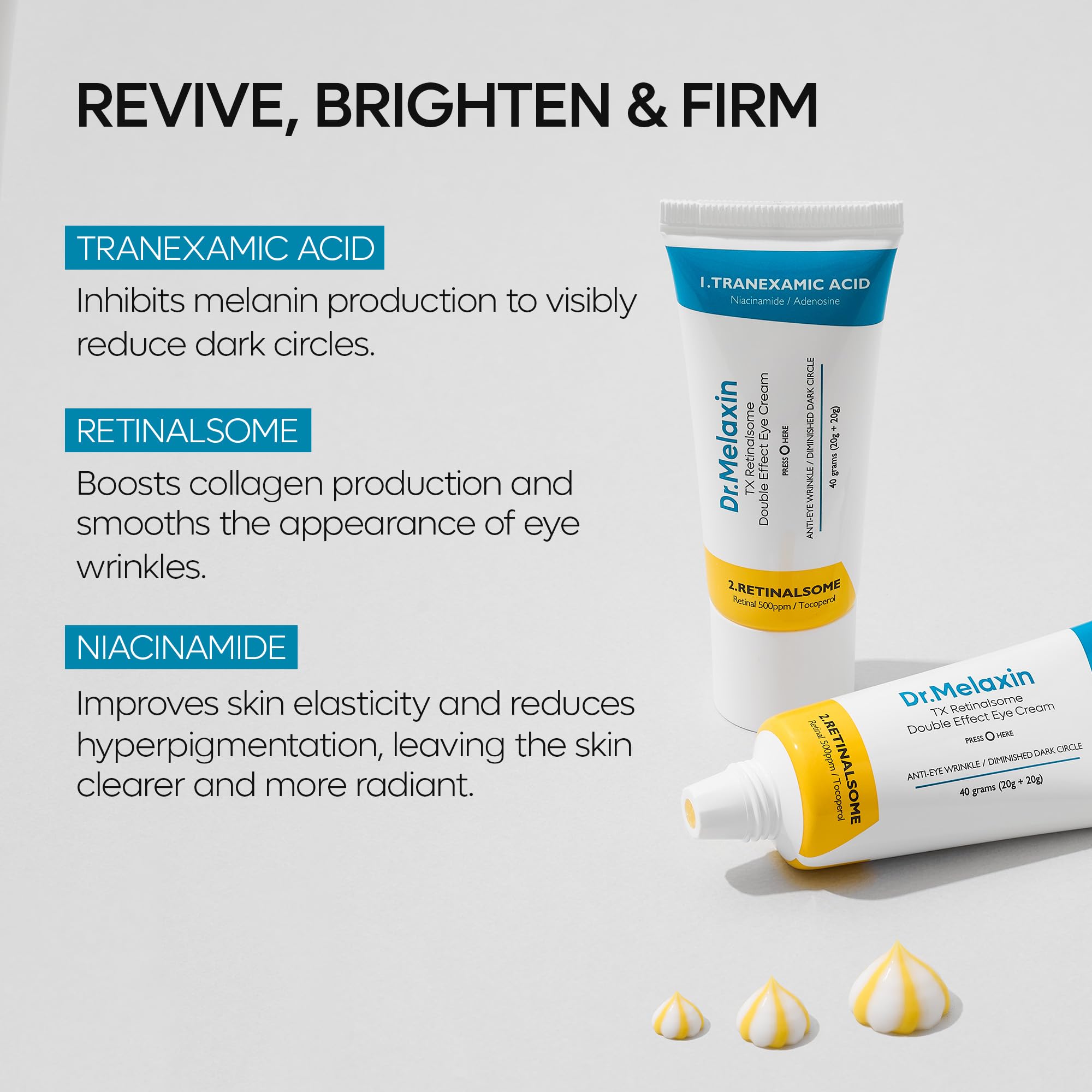 Dr.Melaxin TX night-time under-eye application scene emphasizing soothing routine.