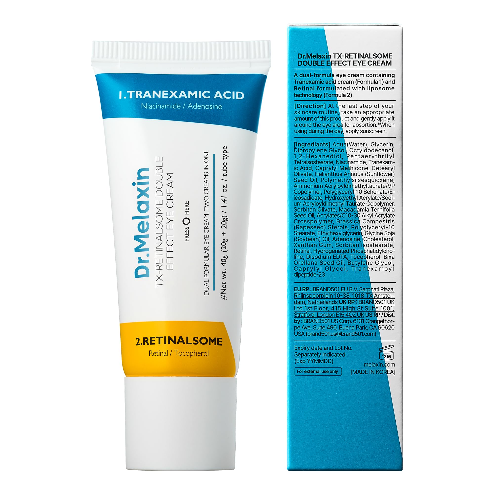 Dr.Melaxin TX under-eye care routine photo suggesting brightening and hydration benefits.