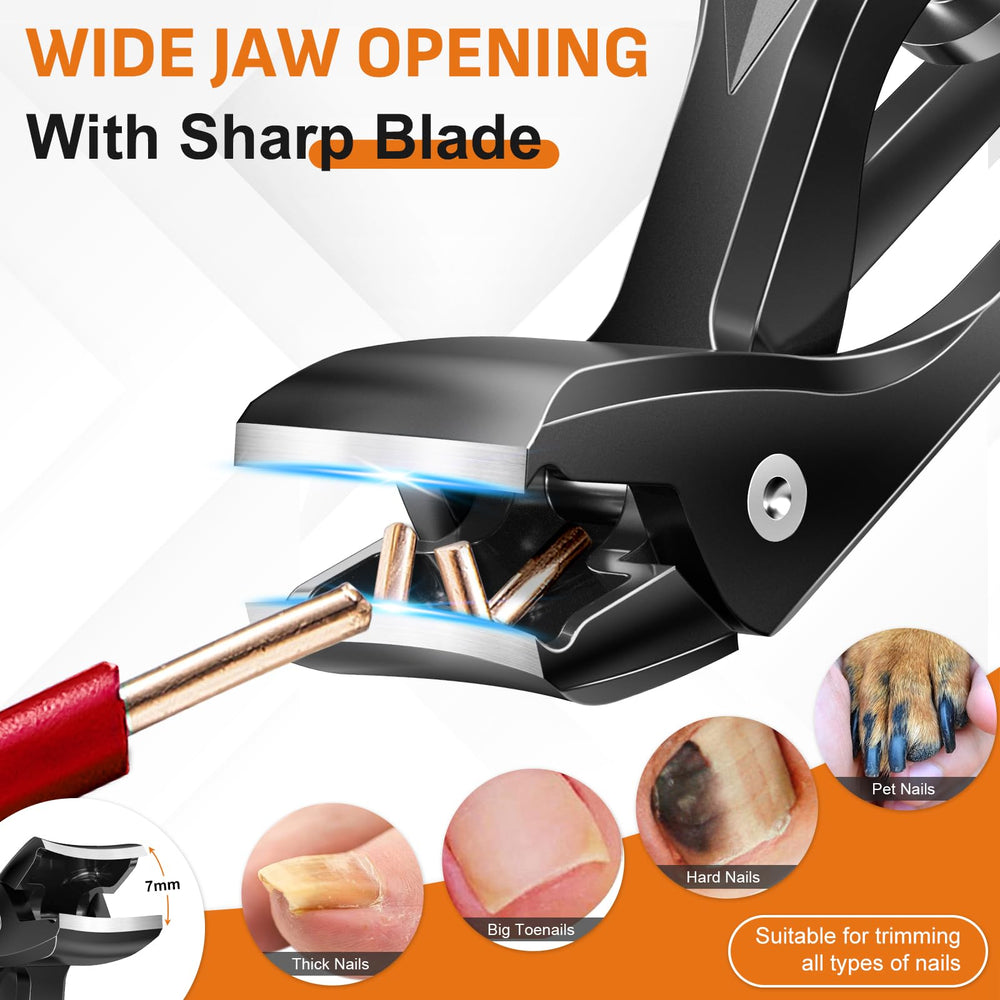 DRMODE nail clippers thick-nails demo shows effortless trimming with levered long handle.