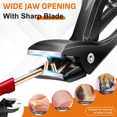 DRMODE nail clippers thick-nails demo shows effortless trimming with levered long handle.