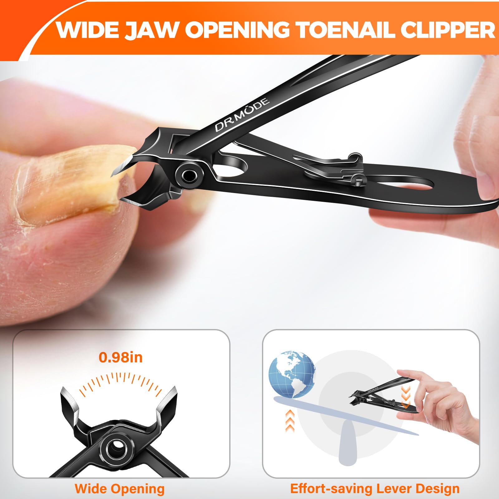DRMODE long-handle anti-slip grip reduces effort during nail cuts.