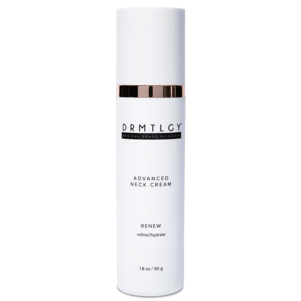 DRMTLGY Advanced Neck Firming Cream bottle close-up showing premium packaging and skin hydration support.