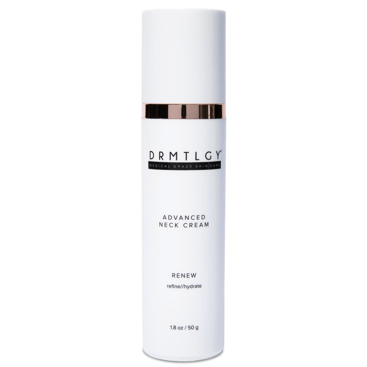 DRMTLGY Advanced Neck Firming Cream bottle close-up showing premium packaging and skin hydration support.