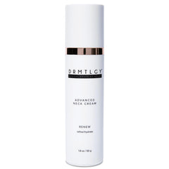 DRMTLGY Advanced Neck Firming Cream bottle close-up showing premium packaging and skin hydration support.