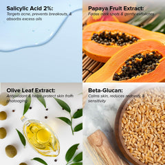 DRMTLGY BHA Clarifying Toner ingredients display with papaya olive rosemary soothing care