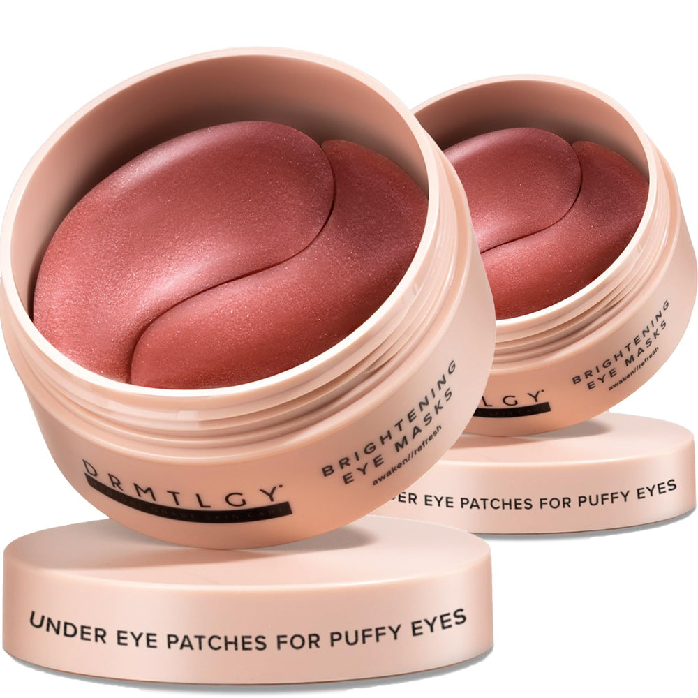 DRMTLGY Brightening Eye Masks pack close-up showing serum-saturated patches for quick under-eye refresh.